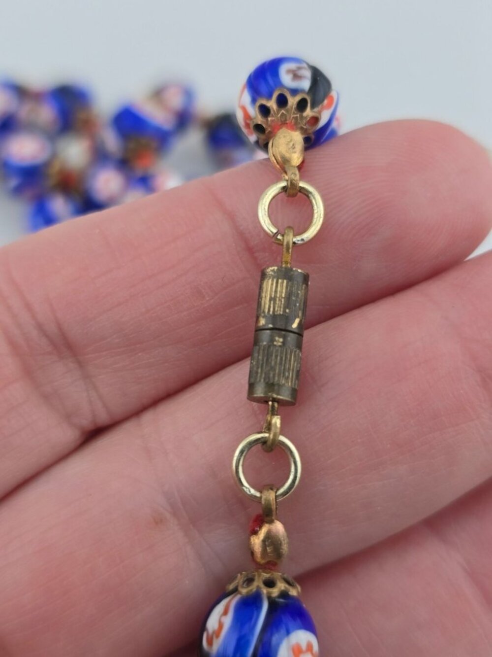 Vintage Cobalt Blue Millefiori Glass Bead Necklace 22" Hand Knotted Floral - Picture 7 of 7